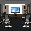 Modern Conference Room With Large Screen World Map Long Table Black Chairs And Windows
