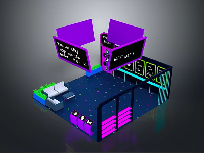 Modern Exhibition Space With Purple Structures Black Screens Green Area And White Seats 3d model