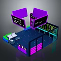 Modern Exhibition Space With Purple Structures Black Screens Green Area And White Seats