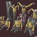 Multiple zombie like people wearing yellow shirts standing and lying in dark background