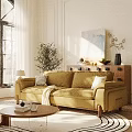Three Seater Sofa Golden in Bright Living Room with Coffee Table Plant and Cabinet
