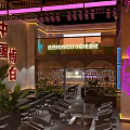 Modern Chinese Restaurant Interior With Neon Lights Wine Bottle Tower Tables Chairs And Green Plants