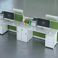 Efficient Office Desk Workstation With Green Partitions Computer Monitors Drawers And Filing Cabinets 3d model