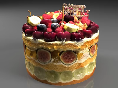 Delicious Layered Birthday Cake Topped With Fresh Fruits And Happy Birthday Decoration 3d model