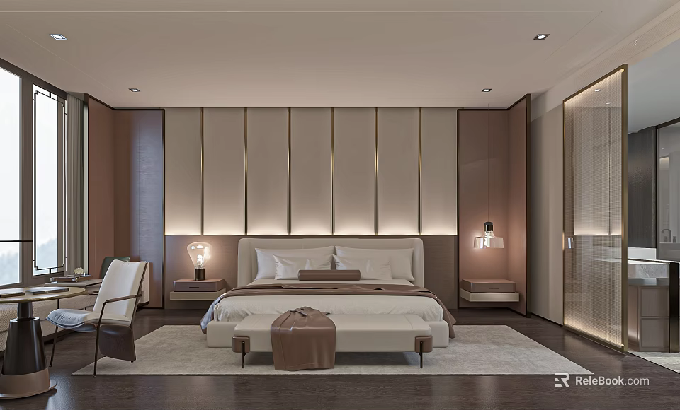 Modern Hotel Guest Room Interior With Plush Bed Upholstered Headboard And Ambient Lighting 3d model 