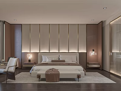 Modern Hotel Guest Room Interior With Plush Bed Upholstered Headboard And Ambient Lighting 3d model