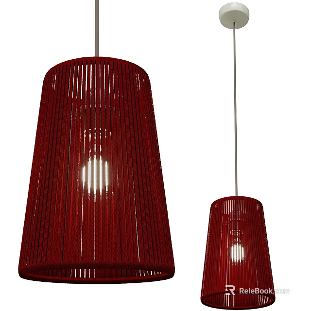 Stylish Red Woven Pendant Lights With Striped Design And Illuminated Bulbs 3d model 