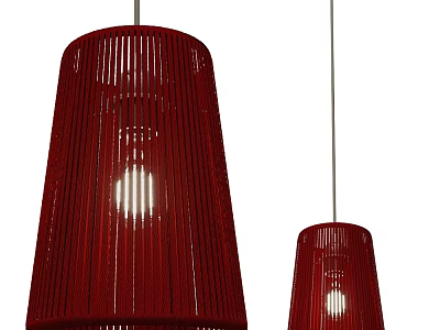 Stylish Red Woven Pendant Lights With Striped Design And Illuminated Bulbs 3d model