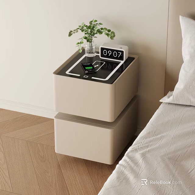 Modern Double Layer Nightstand with Clock Phone Charger and Green Plant in Bedroom 3d model 