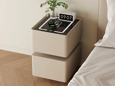 Modern Double Layer Nightstand with Clock Phone Charger and Green Plant in Bedroom 3d model