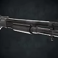 Detailed Close Up View Of Black Tactical Shotgun With Double Barrel And Shell Holder