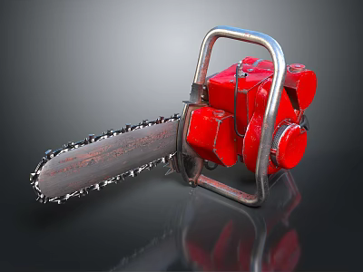 Red Chainsaw With Metal Frame And Sharp Cutting Chain Powerful Cutting Tool Equipment 3d model