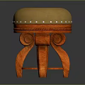 Decorative Stool With Beige Padded Seat Riveted Edge And Orange Carved Legs