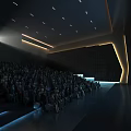 Modern Cinema Interior With Audience Seated And Large Screen Playing Movie