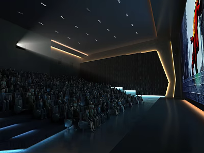 Modern Cinema Interior With Audience Seated And Large Screen Playing Movie 3d model