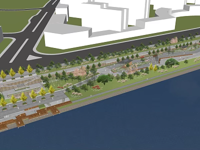 Waterfront Landscape Design With Greenery Trees Promenade Urban Buildings And Shoreline Road 3d model