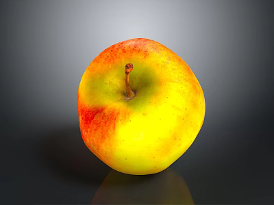 Red And Yellow Apple With Stem On Dark Reflective Surface 3d model