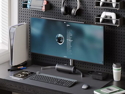 Modern Desktop Computer Setup With Monitor PC Tower Keyboard Mouse Headphones And Game Controllers 3d model