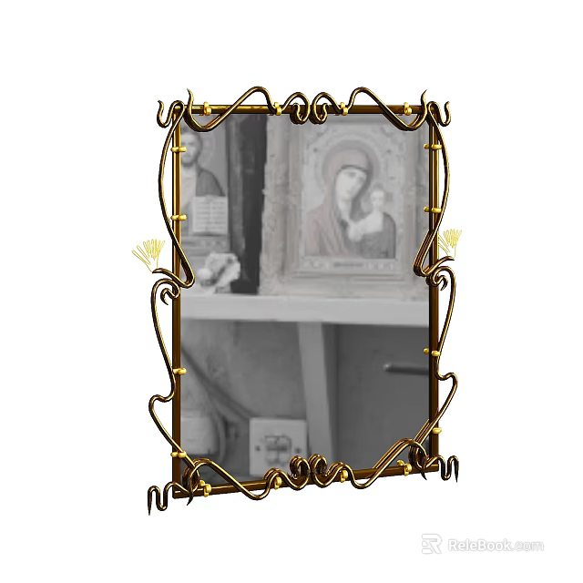 Decorative Mirror With Golden Curved Frame Reflecting Framed Painting And Shelf Items 3d model 