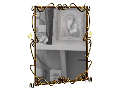 Decorative Mirror With Golden Curved Frame Reflecting Framed Painting And Shelf Items 3d model