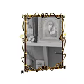 Decorative Mirror With Golden Curved Frame Reflecting Framed Painting And Shelf Items