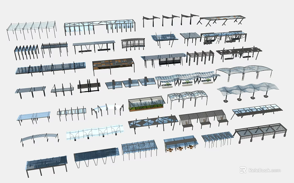 Various Pergola Designs Showcasing Different Structural Styles And Materials For Outdoor Use 3d model 