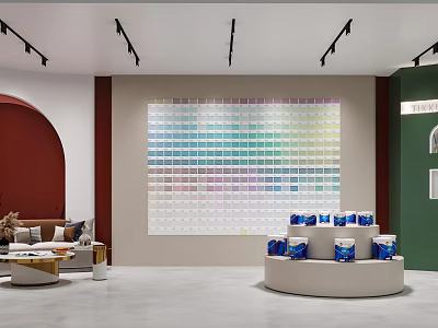 Modern Interior Space With Colorful Grid Wall Sofa Area And Circular Display Stand Blue Boxes 3d model