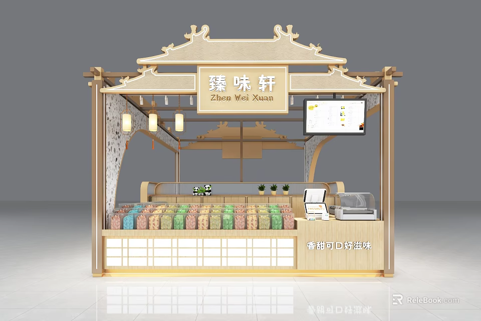 Traditional Chinese Style Mall Shop with Wooden Structure Food Display and Cashier Counter 3d model 