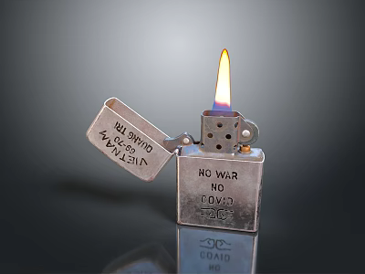 Silver Metal Lighter With NO WAR NO FASCISM Text And Burning Flame For Daily Use 3d model
