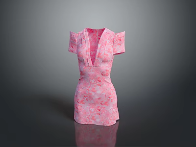 Elegant Pink Floral Print Short Sleeve V Neck Mini Dress Design 3d model