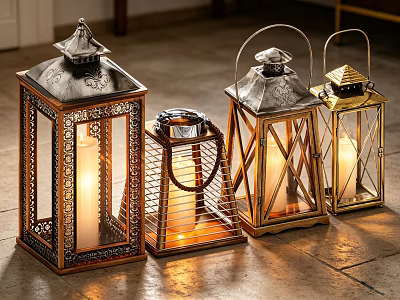 Decorative Metal Lanterns With Glass Panels And Lit Candles For Home Decor 3d model