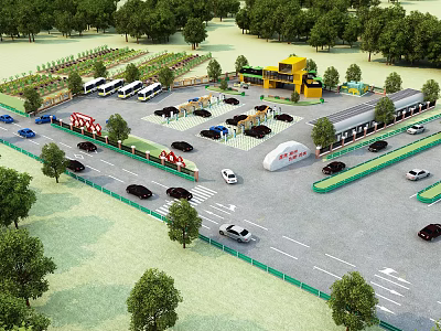 Modern Parking Lot with Multiple Cars Green Trees and Organized Road Layout 3d model