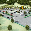 Modern Parking Lot with Multiple Cars Green Trees and Organized Road Layout