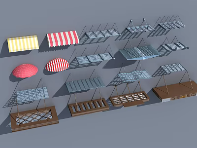 Various Stylish Outdoor Awnings With Striped Designs Metal Frames And Wooden Bases 3d model
