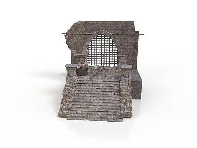 Ancient Stone Architectural Structure With Arch Grille Staircase And Pedestals 3d model