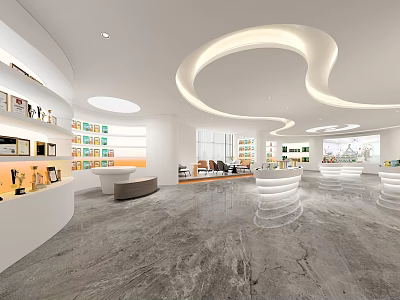 Modern Technology Exhibition Hall Interior With Curved Lighting Display Shelves And Marble Floor 3d model