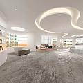 Modern Technology Exhibition Hall Interior With Curved Lighting Display Shelves And Marble Floor