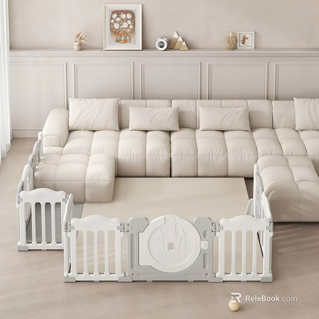 Bright Cozy Living Room With White Sectional Sofa Baby Playpen Light Walls and Decorations 3d model 