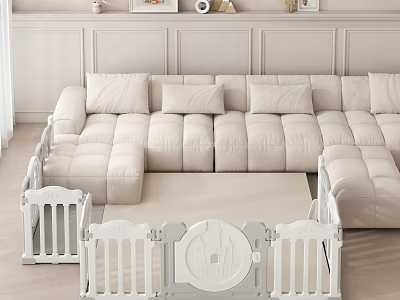 Bright Cozy Living Room With White Sectional Sofa Baby Playpen Light Walls and Decorations 3d model