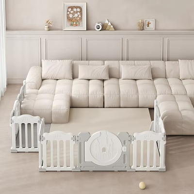Bright Cozy Living Room With White Sectional Sofa Baby Playpen Light Walls and Decorations 3d model