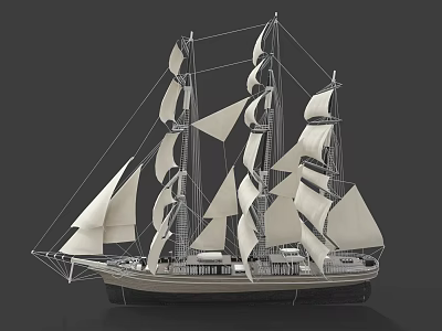 Classic Sailing Ship Featuring White Sails And Black Hull On Gray Background 3d model