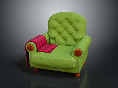 Green Single Sofa With Diamond Tufted Backrest Red Plaid Blanket On Armrest And Wooden Legs 3d model