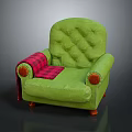 Green Single Sofa With Diamond Tufted Backrest Red Plaid Blanket On Armrest And Wooden Legs