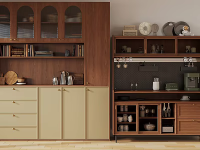 Modern Wooden Sideboard With Glass Doors Beige Cabinets And Decorative Tableware Coffee Machine 3d model