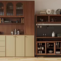 Modern Wooden Sideboard With Glass Doors Beige Cabinets And Decorative Tableware Coffee Machine