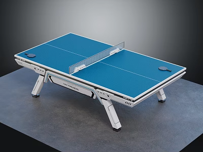 Blue Top Ping Pong Table With Sturdy White Frame Net And Rackets 3d model