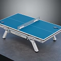 Blue Top Ping Pong Table With Sturdy White Frame Net And Rackets 3d model