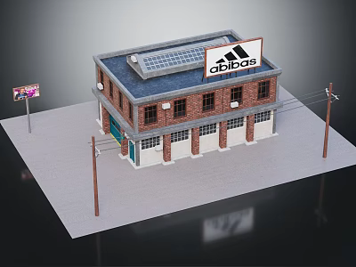 Adidas Two Story Store Building Model With Solar Panel Brick Exterior And Windows 3d model