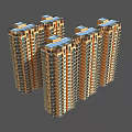 Modern High Rise Residential Buildings With Orange Exterior And Blue Roofs