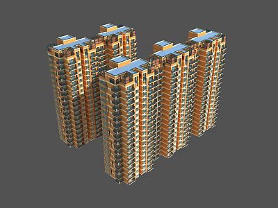 Modern High Rise Residential Buildings With Orange Exterior And Blue Roofs 3d model